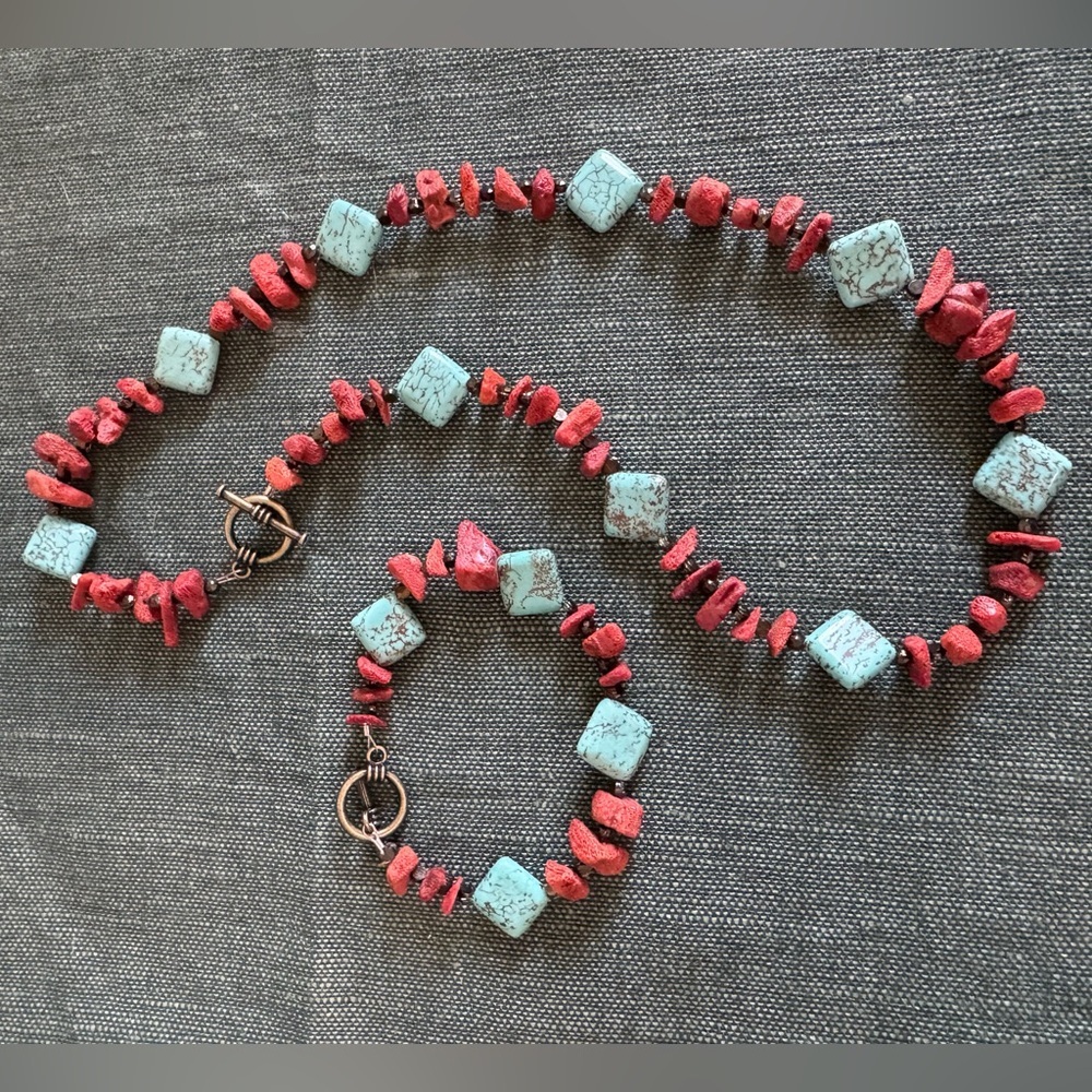 Handmade Red Coral and Turquoise Stone Beaded Necklace and Bracelet Set
